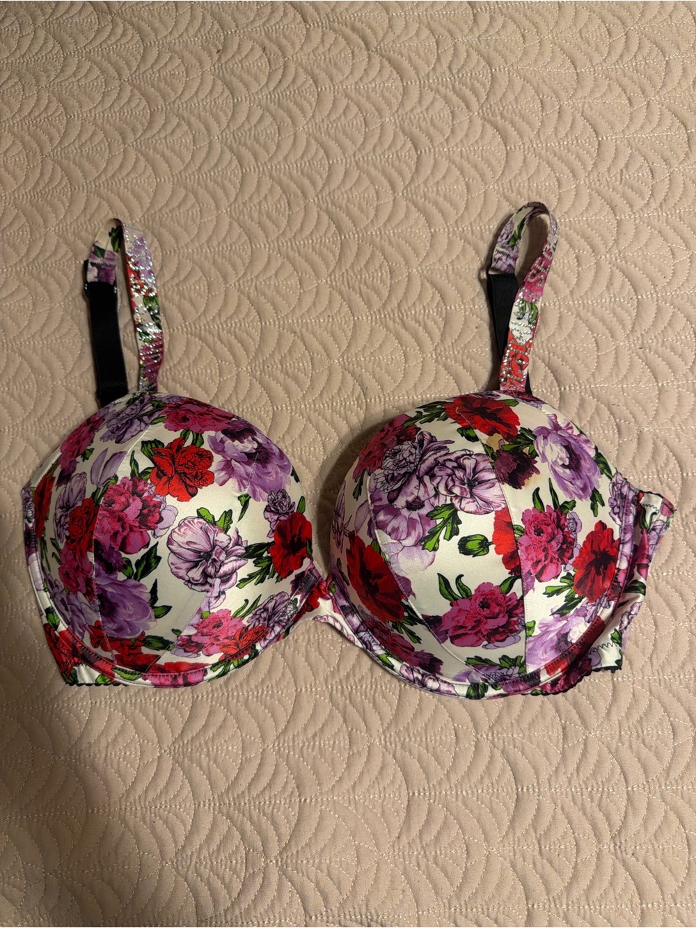 Victoria's Secret Floral Underwire Bra - White with Red & Purple Flowers